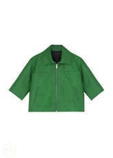 Kaia – Women’s Cropped Half-Sleeve Leather Jacket with Shirt Collar - Green - white bg
