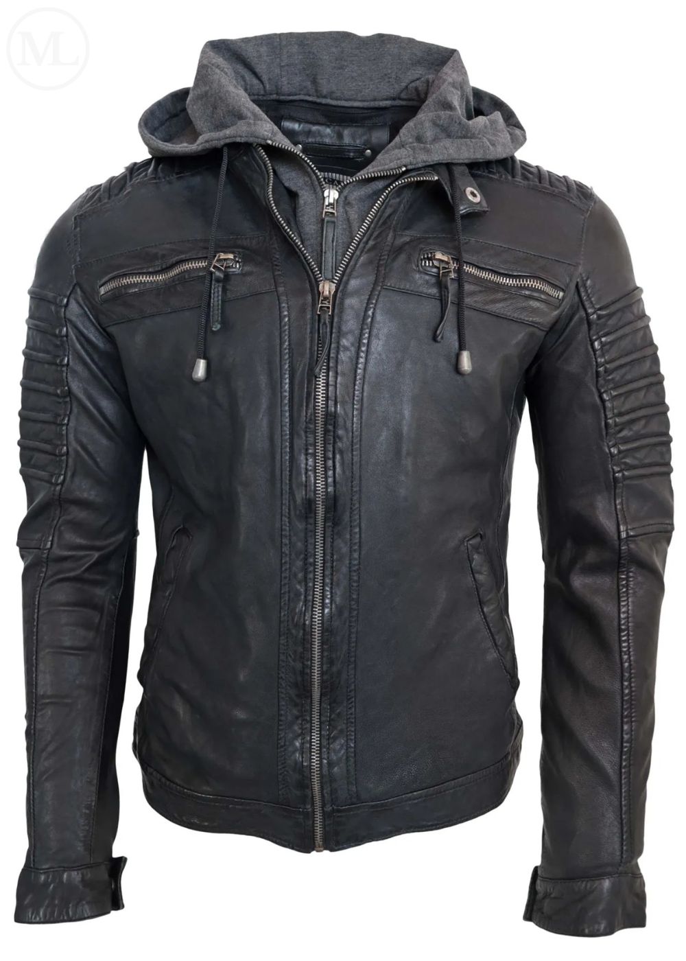 Black leather jacket with a hood on a white background